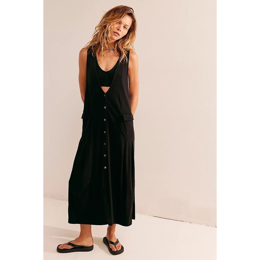 Free People Free-est Shayna V-Neck Midi Dress Black Buttondown L New 283177